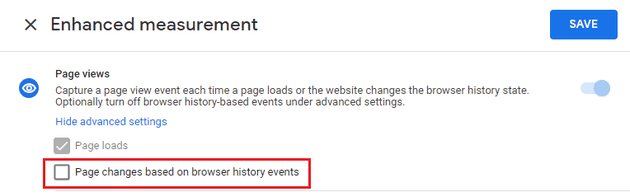 Screenshot of Google Analytics enhanced measurements for page views with 'page changes based on browser history events' option disabled