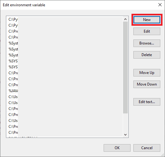 Screenshot of edit environment variables screen on Windows